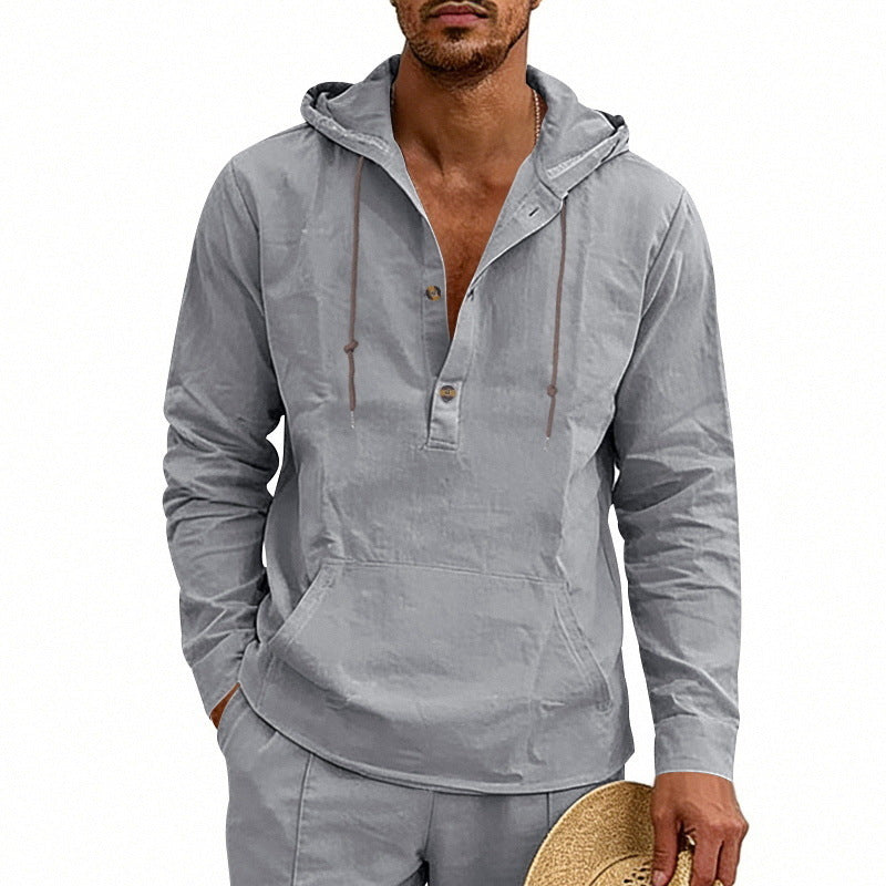 Linen Breathable Casual Mens Long-Sleeve Hooded Shirt