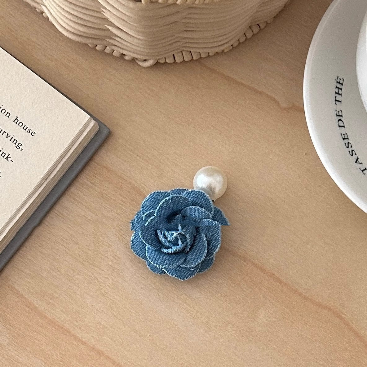 Denim Camellia Pearl Barrettes Sweet Hair Band