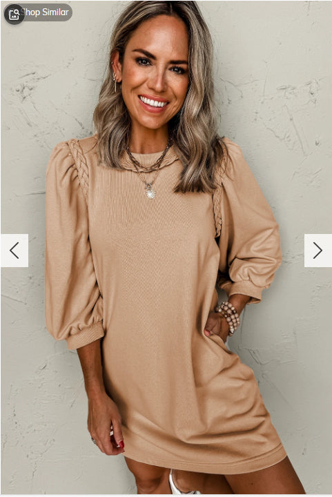 Woven Trim Puff Sleeve Dress