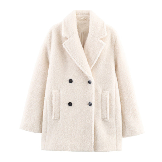 Autumn And Winter Loose Boucle Double-breasted Mid-length Coat