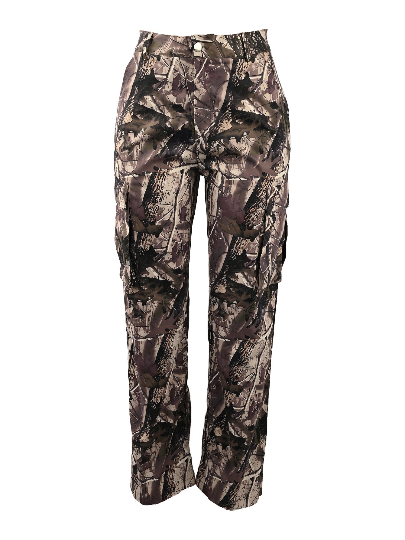 Leaf Print Straight High Waist Pocket Multi-color Overalls