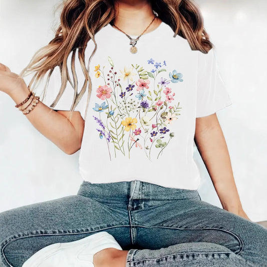 Elegant T-shirt With Floral Print, Women's Short-sleeve