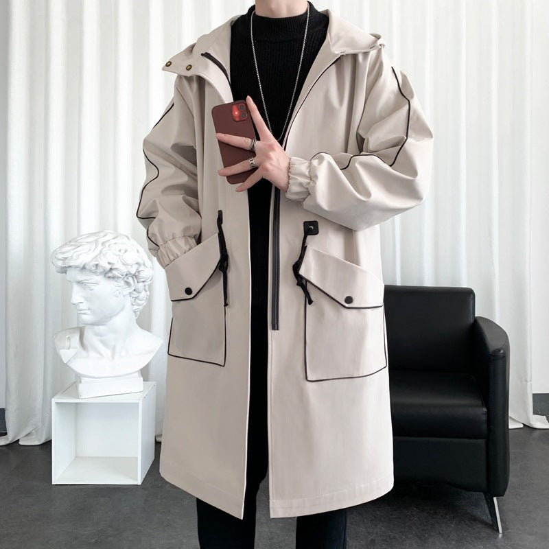 Men's Long Below The Knee Loose Casual Large Contrast Color Stripe Hooded Jacket