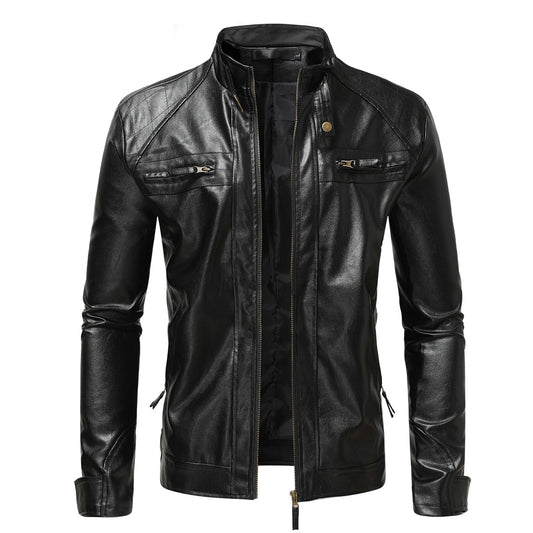 Men's Leather Coat Stand Collar Double Zipper