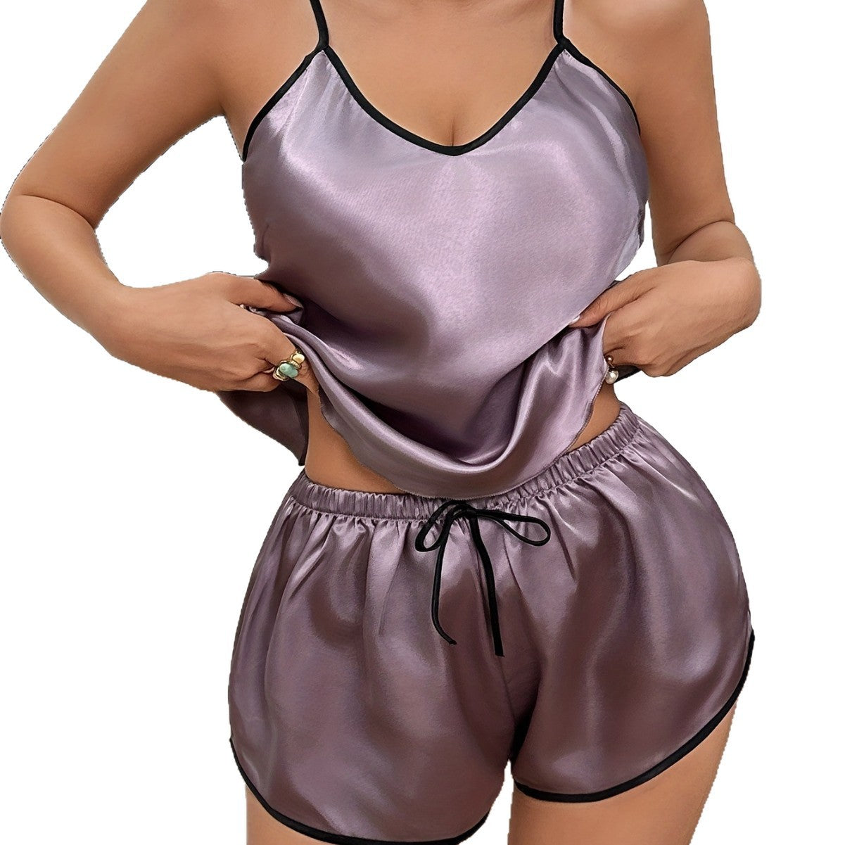 Solid-color Silk-look Cami Sleepwear Set For Women