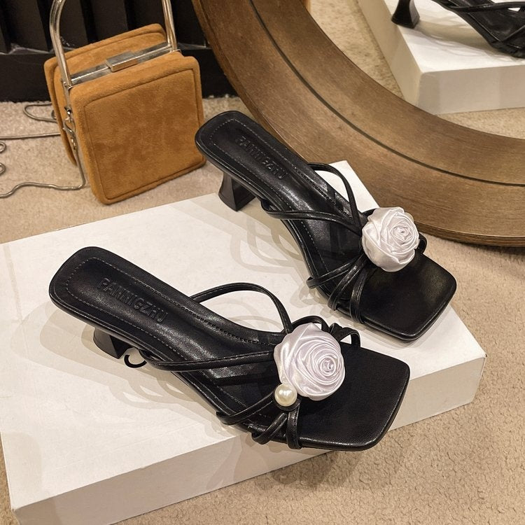 Summer New Arrival Women's Flower & Pearl Slide Sandals, Outdoor Wear, Block Heel, Open Toe, Square Toe Fashion High Heel Sandals, Wholesale