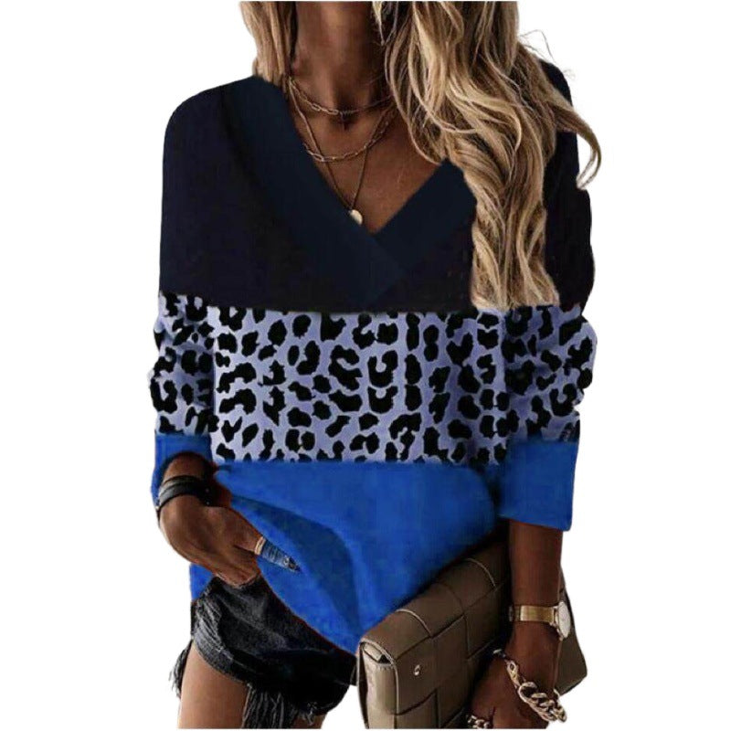 V-hals Leopardprint-patches Langærmet Sweatshirt-toppe