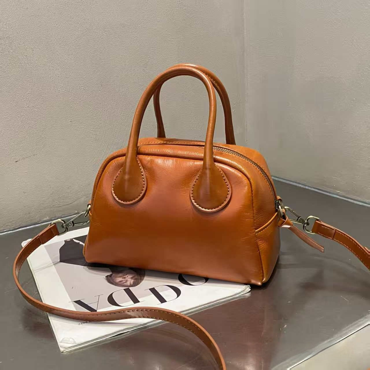 Alsidig Ægte Læder Udsøgt Håndholdt Crossbody Mini Lille Bowlingtaske