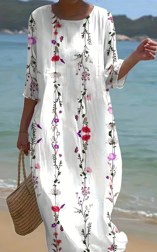 Womens Long Casual Printed Dress With A Crew Neck