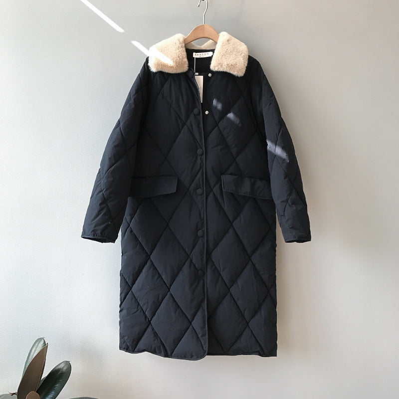 Mid-length Women's Fur Collar Rhombus Quilted Jacket