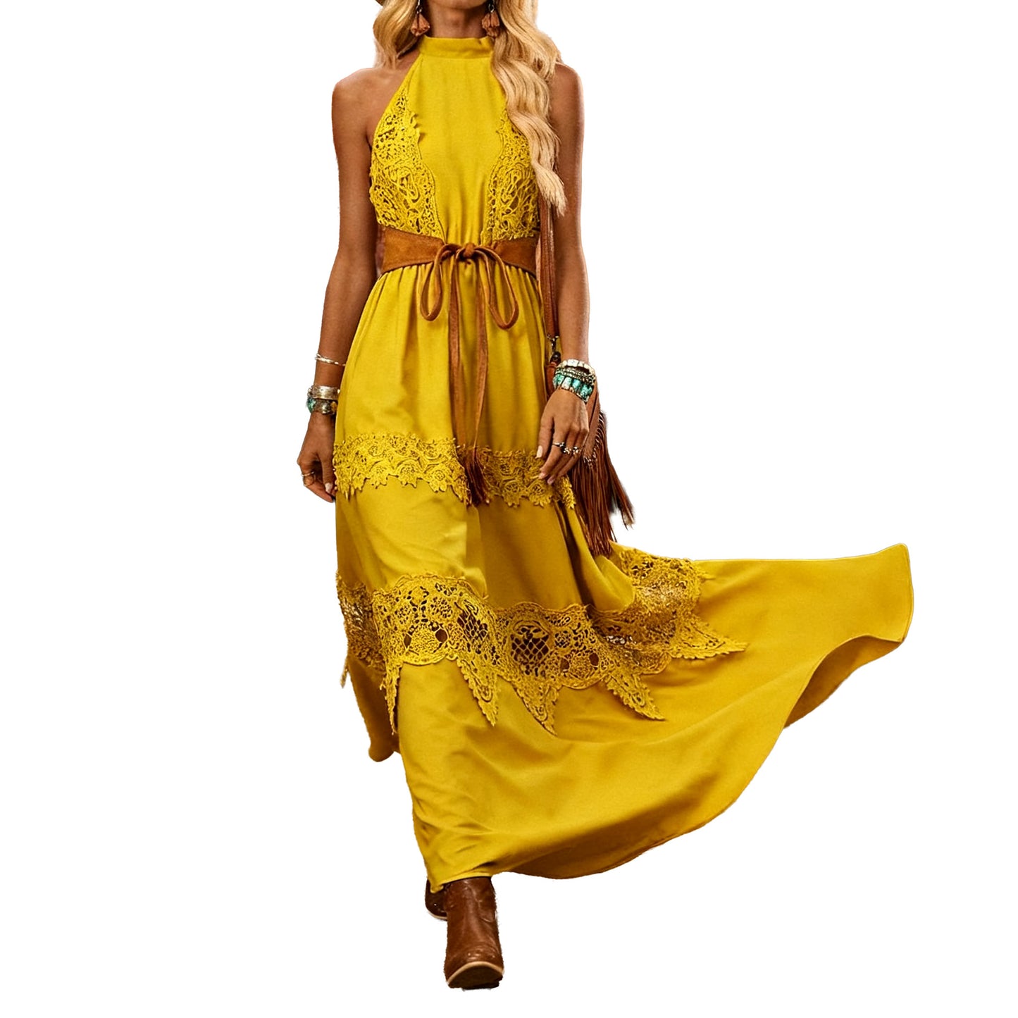 Womens Lace-Patchwork Ethnic-Style Sleeveless Dress