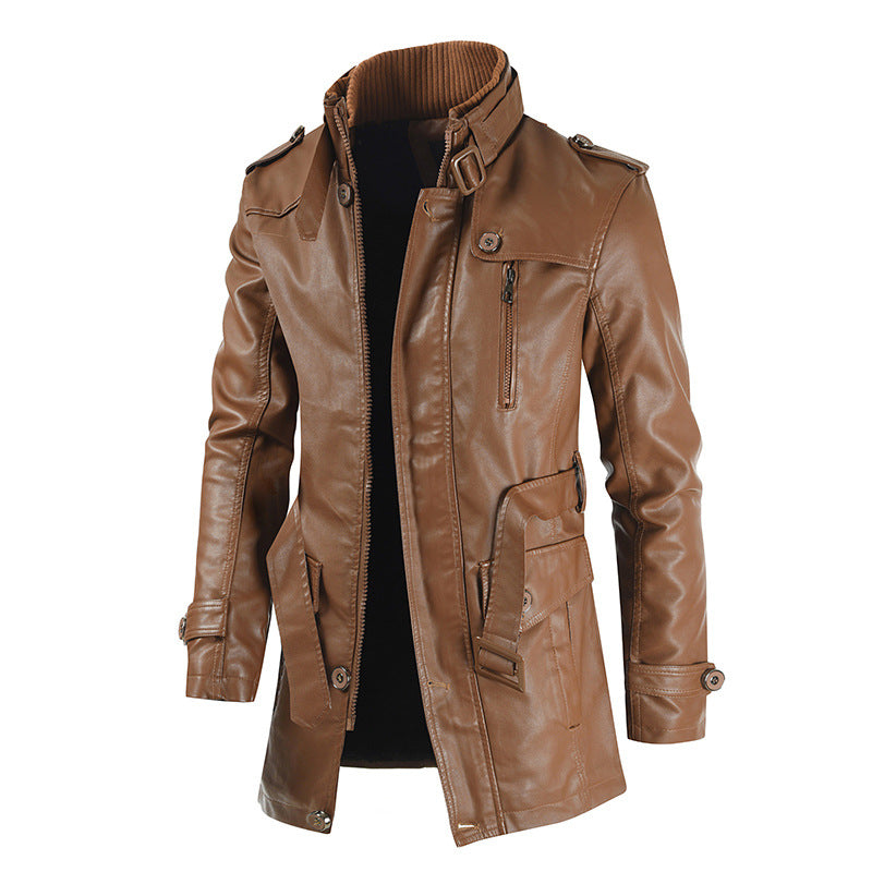Men's Medium Long Leather Coat Korean Stand Collar Slim Large Leather Windbreaker Coat