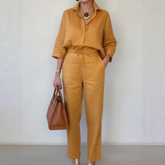 New Elegant Solid Color Polo Collar Linen Shirt And Two-piece Pants