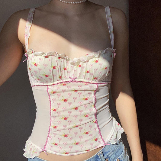 French Style Bow Element Mesh Stitching Ruffle Sleeveless Vest
