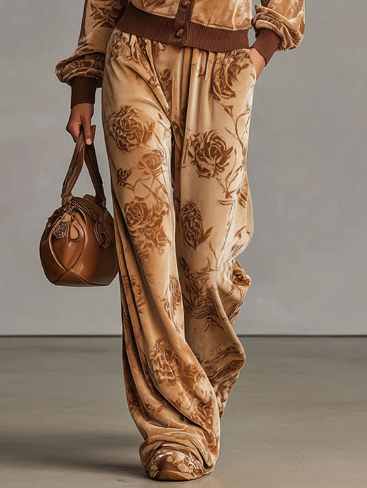 Sporty Retro Rose Velvet Cardigan Sweatshirt WideLeg Pants Set