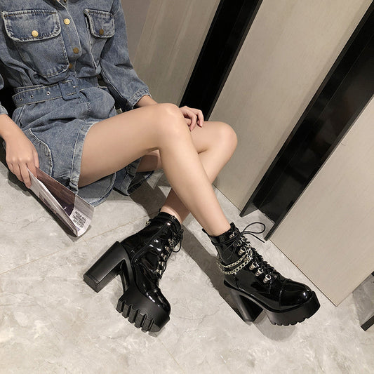 Patent leather platform block heel Martin boots