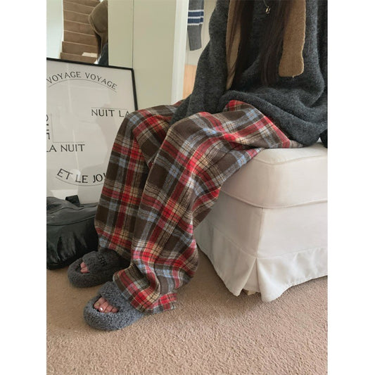 Womens Retro Plaid Padded Casual Straight-Leg Pants