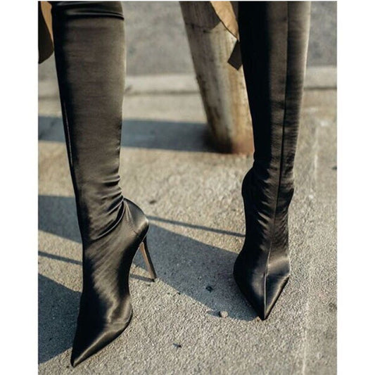 Women's Autumn And Winter High-heeled Nude Boots With Mid-tube Showing Thinness And Elasticity