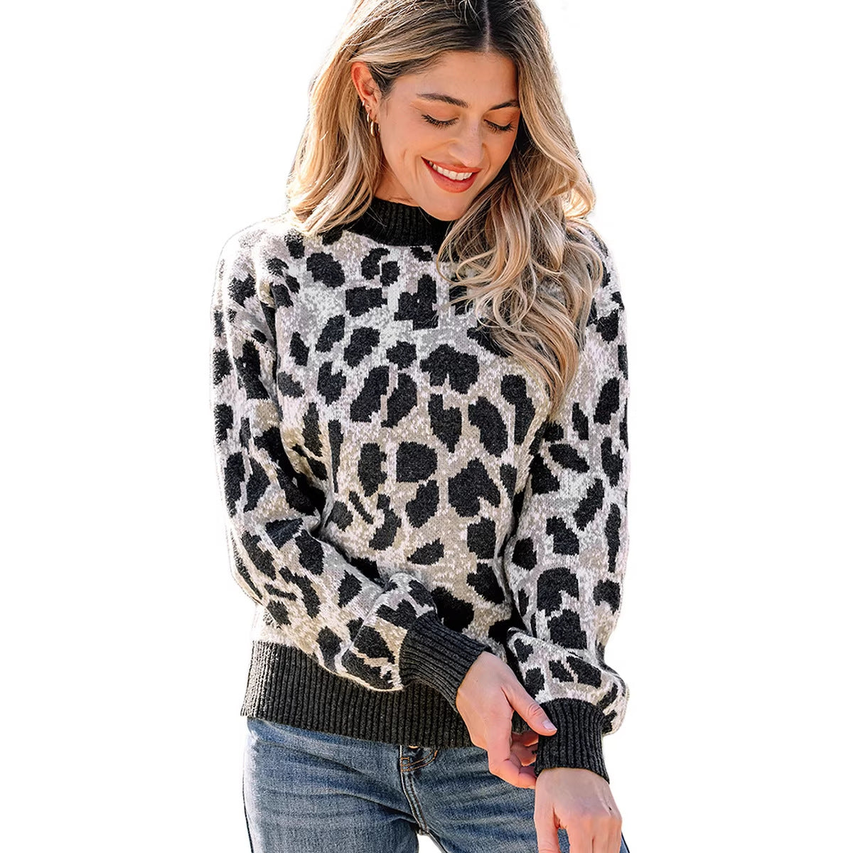 Women's Fashion Leopard-Print Pullover Crewneck Sweater