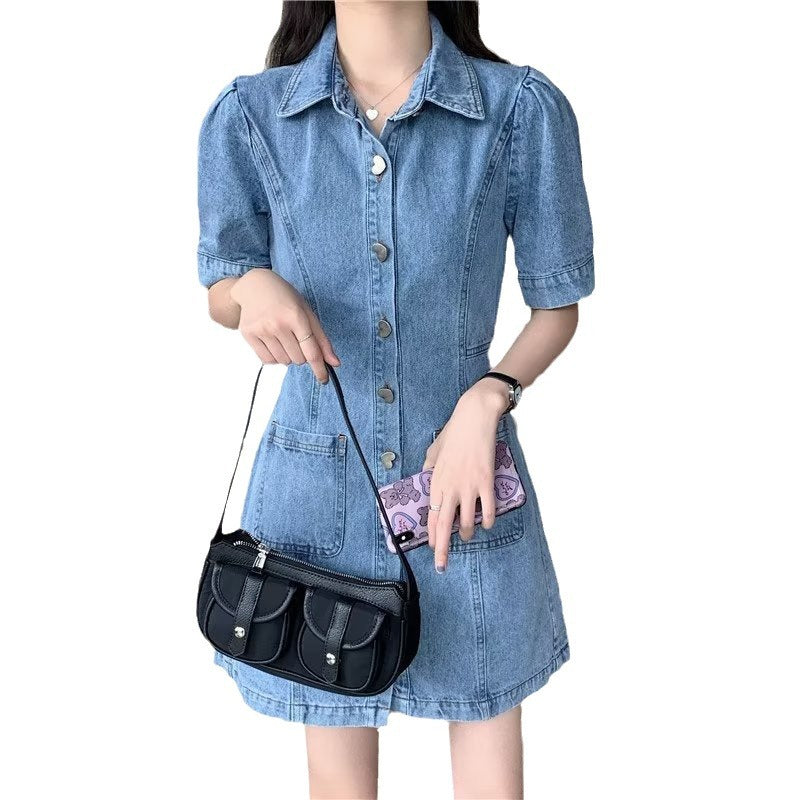 Cleverly Designed Cropped Denim Dress With A Midriff-baring Cut
