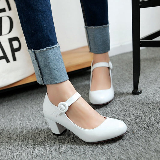 Buckle High Heels Spring Round Head Leisure Low Top Large Size Women's Shoes