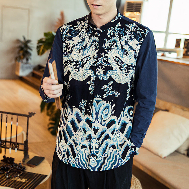 Vintage button print men's long sleeve shirt