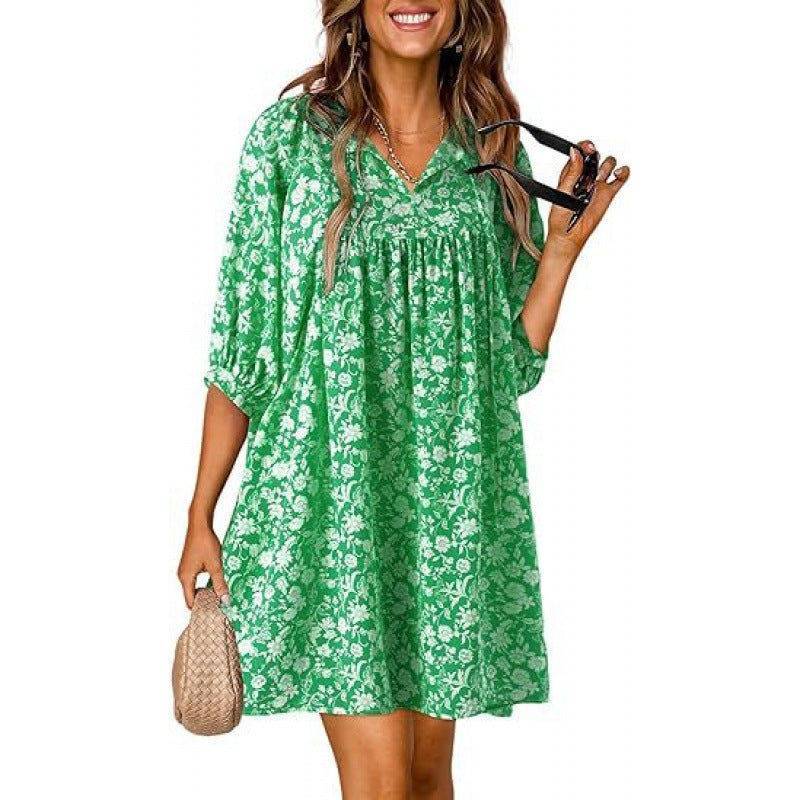 Casual Bohemian Floral Print V-Neck Lantern-Sleeve Dress