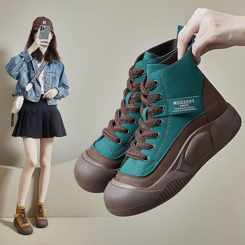 Retro Casual Womens High Top Leather Shoes That Add Height And Create A Slimming Look