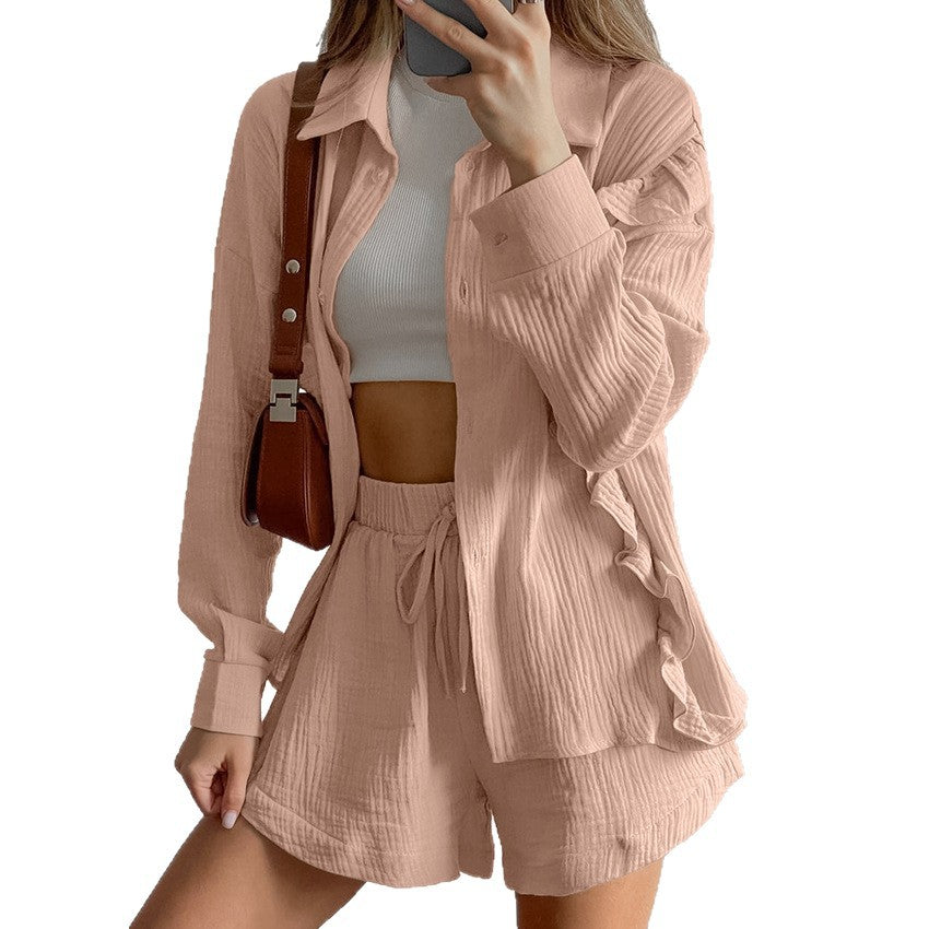 Womens Pure Cotton Pajama Set For FallWinter Long Sleeve Top And Shorts Two Piece Loungewear Set