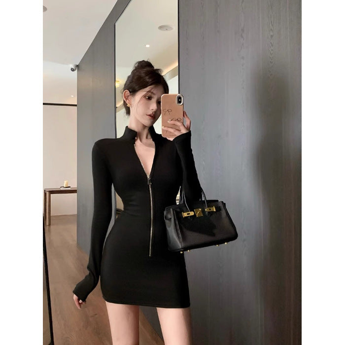 American-style Spicy Girl Stand-up Collar Long-sleeve Dress