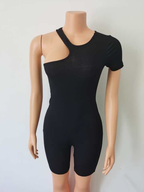 Womens High-stretch One-shoulder Short-sleeve Jumpsuit Shorts