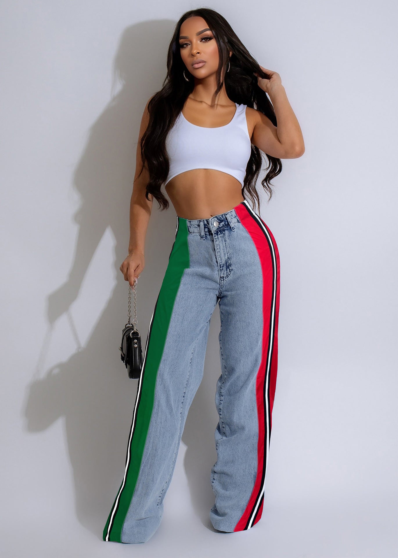 Stylish Patchwork Striped Contrasting Denim Jeans