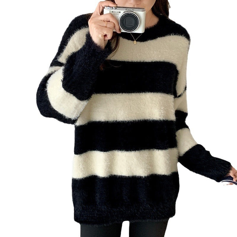 Retro Loose Thick Idle Style Soft Sticky Striped Sweater