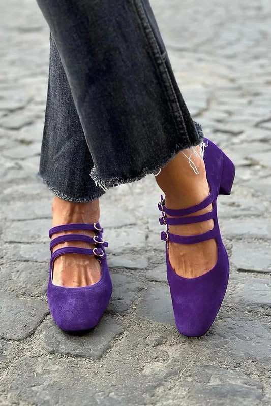 Damers læder high heels med firkantet tå, lav udskæring og retro-inspireret chunky hæl