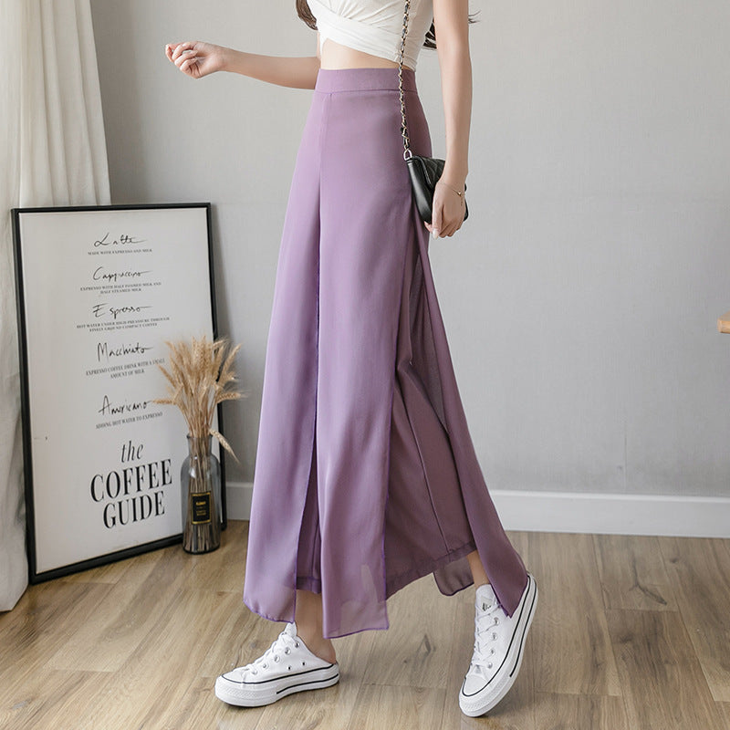 High Waist Slim Fashionable Ice Chiffon Broad Leg Pants Female