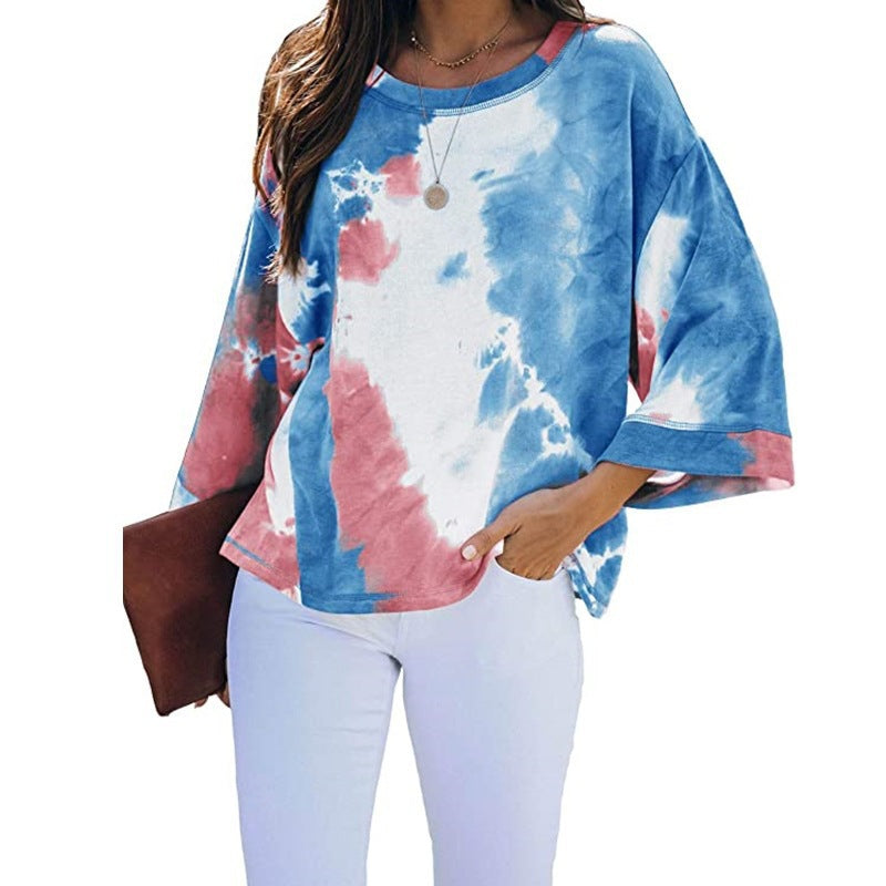 Arrival Long-Sleeve Loose Tie-Dye Gradient-Color Printed T-Shirt