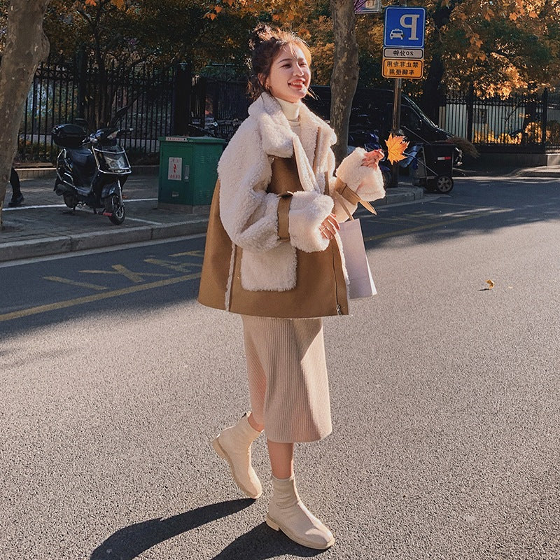 Mikhaki Stitching Lace-up Flared Sleeve Fur Coat