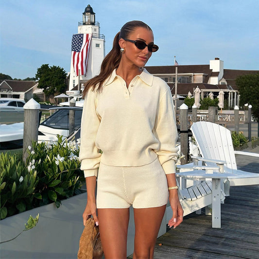 Fashionable Casual Lapel Sweater Knit Top And Shorts Set
