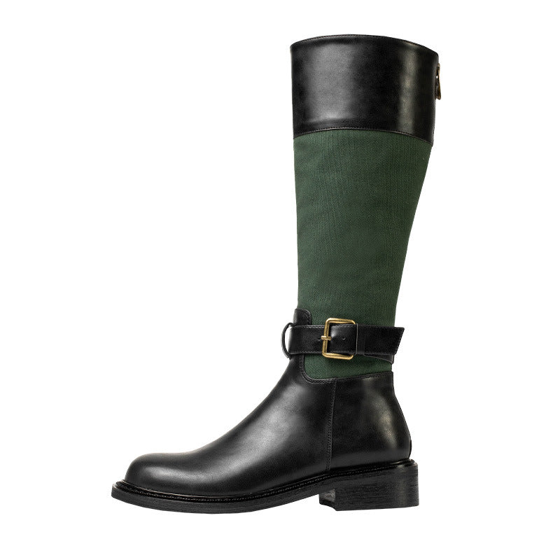 Color-block High-top Knight Boots Back Zipper Mid-heel Women's Boots