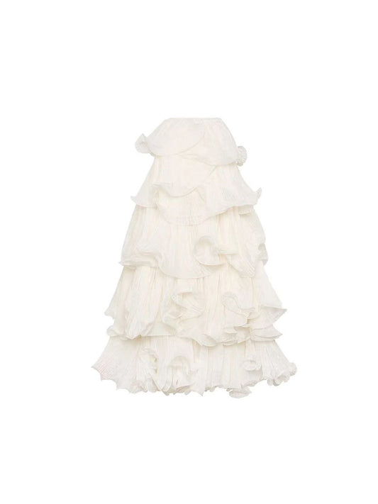 Romantic White Women's Ruffled Slimming High Waist Long Skirt