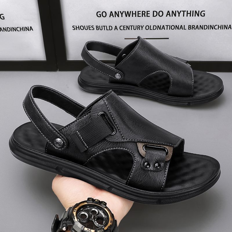 Mens Leather Thick-Soled Non-Slip Beach Casual Soft-Soled Sandals