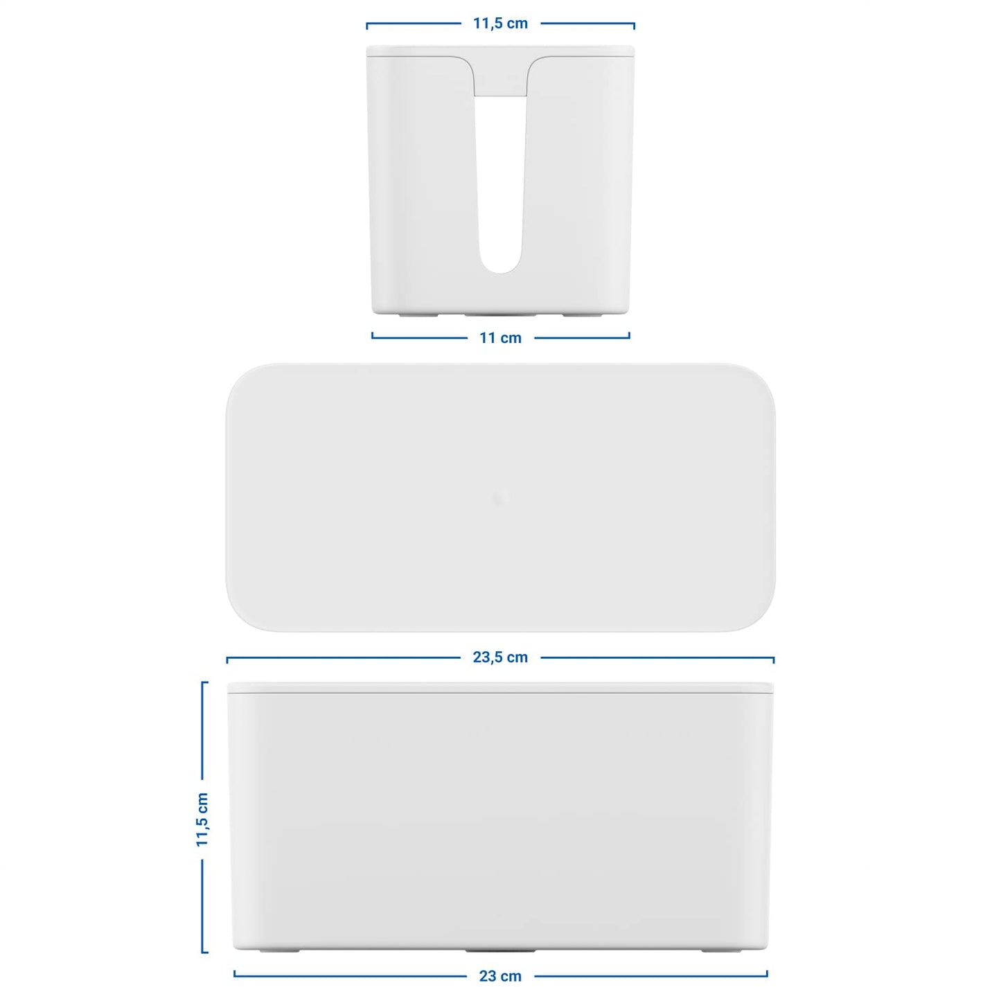 deleyCON Kabelhanternig Box Kabel Organiserare Box Kabellåda 23,5cm x 11,5cm x 11,5cm Robust Plast 2 Sidomonterade Kabelledare Skydd och Säkerhet Vit