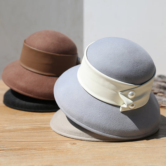 Solid Color Vintage Wool Felt Beaded Strap Hat