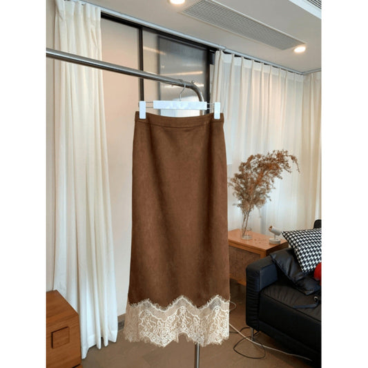 Spring And Summer New Elegant Maillard Retro Coffee Color Hem Lace Skirt