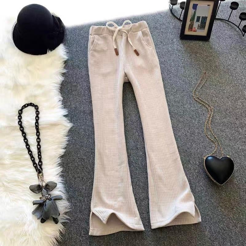 Fleece-lined Thickened Chenille High Waist Drooping Slit Casual Pants