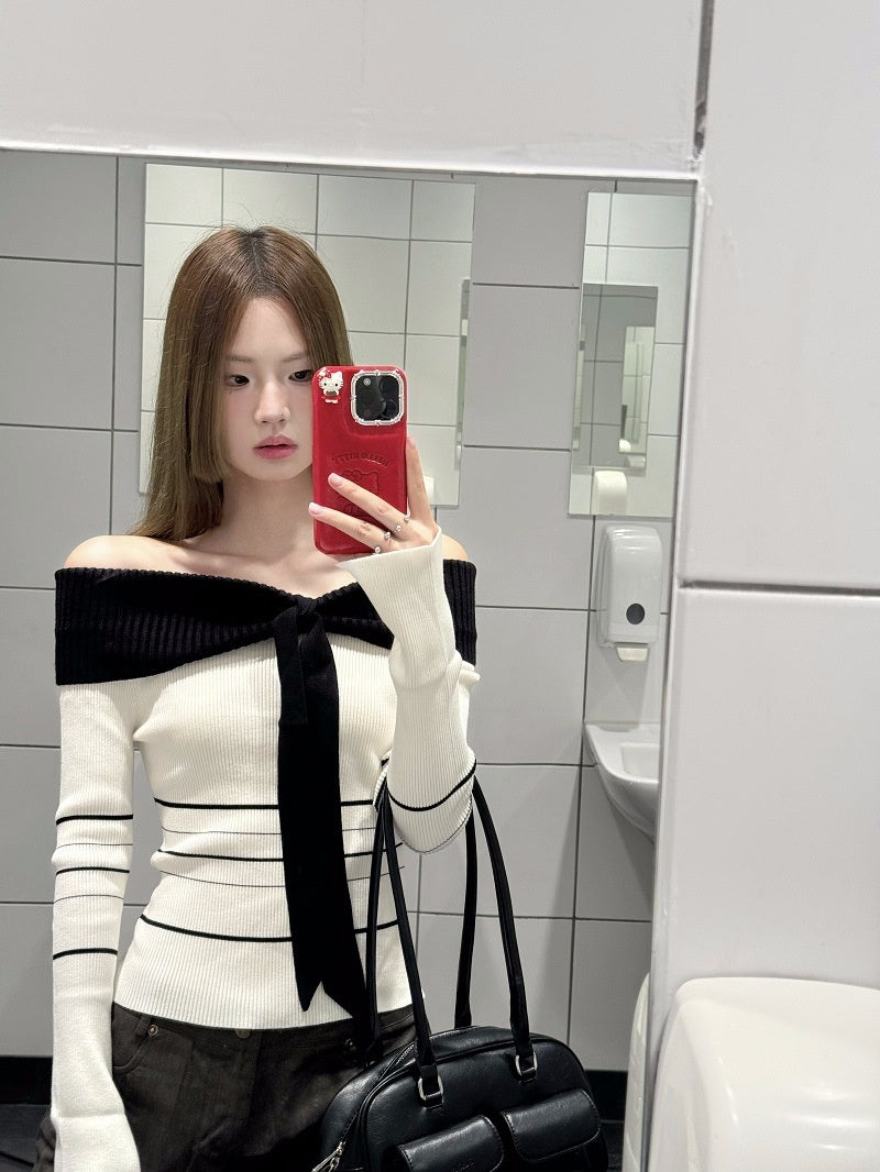 Contrast Color Striped Off-shoulder Sweater Women's Short Strapless Top