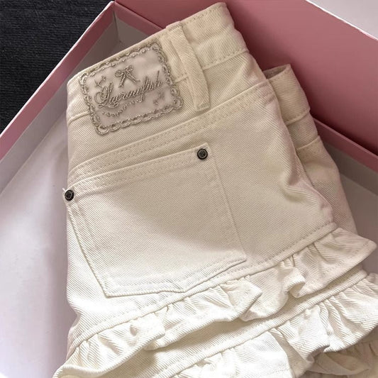 White Ruffled Panel Denim Shorts
