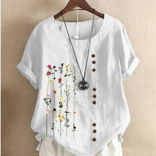Retro Cotton And Linen Printed Loose Short-sleeved Shirt For Women