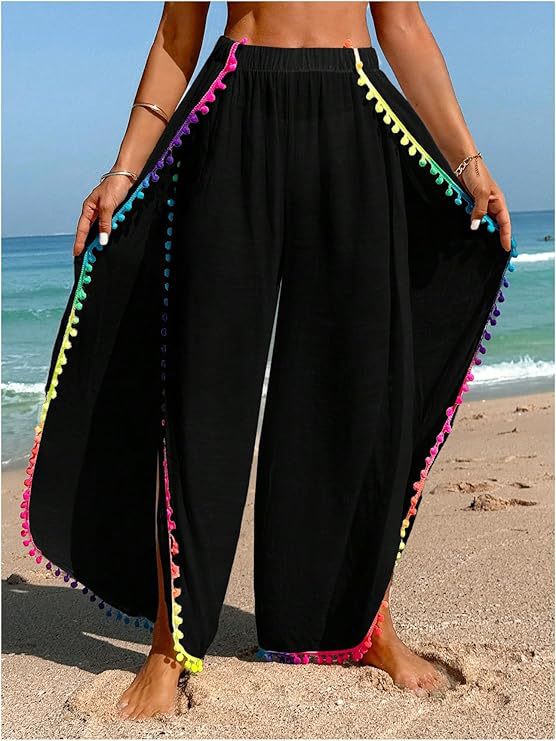 Colorful Tassel-patched Loose Asymmetrical Beach Pants