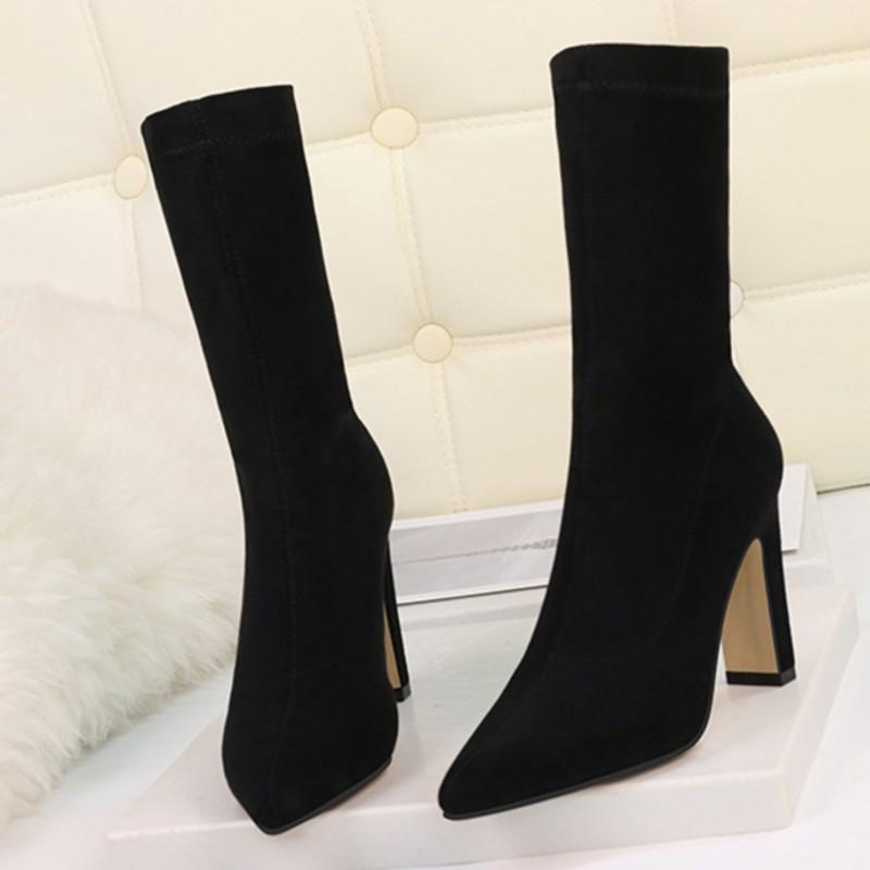 Short Boots Women's High-Heeled Thick And Pointed Black Stretch Thin Boots